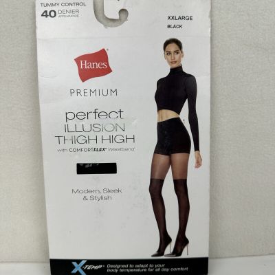 Hanes Pantyhose Tights Premium Perfect Illusion Thigh High Tummy Control Blk XXL